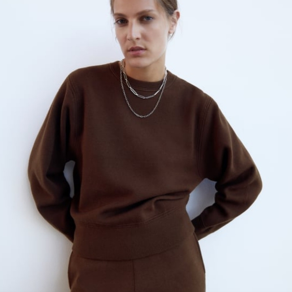 ZARA Rich Brown Knit Crewneck Sweatshirt Size Small NWOT